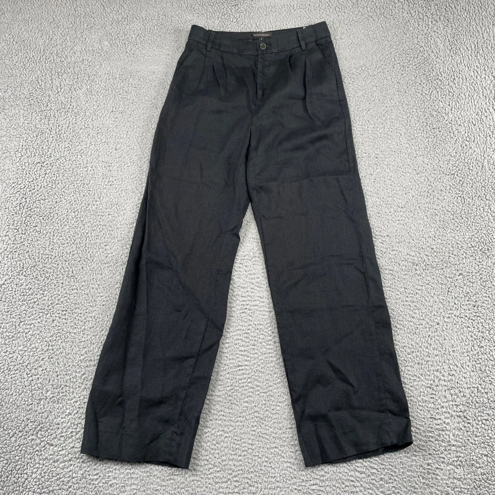 Banana Republic Pants Women 2 Black Linen Wide Leg Pleated Trousers Career